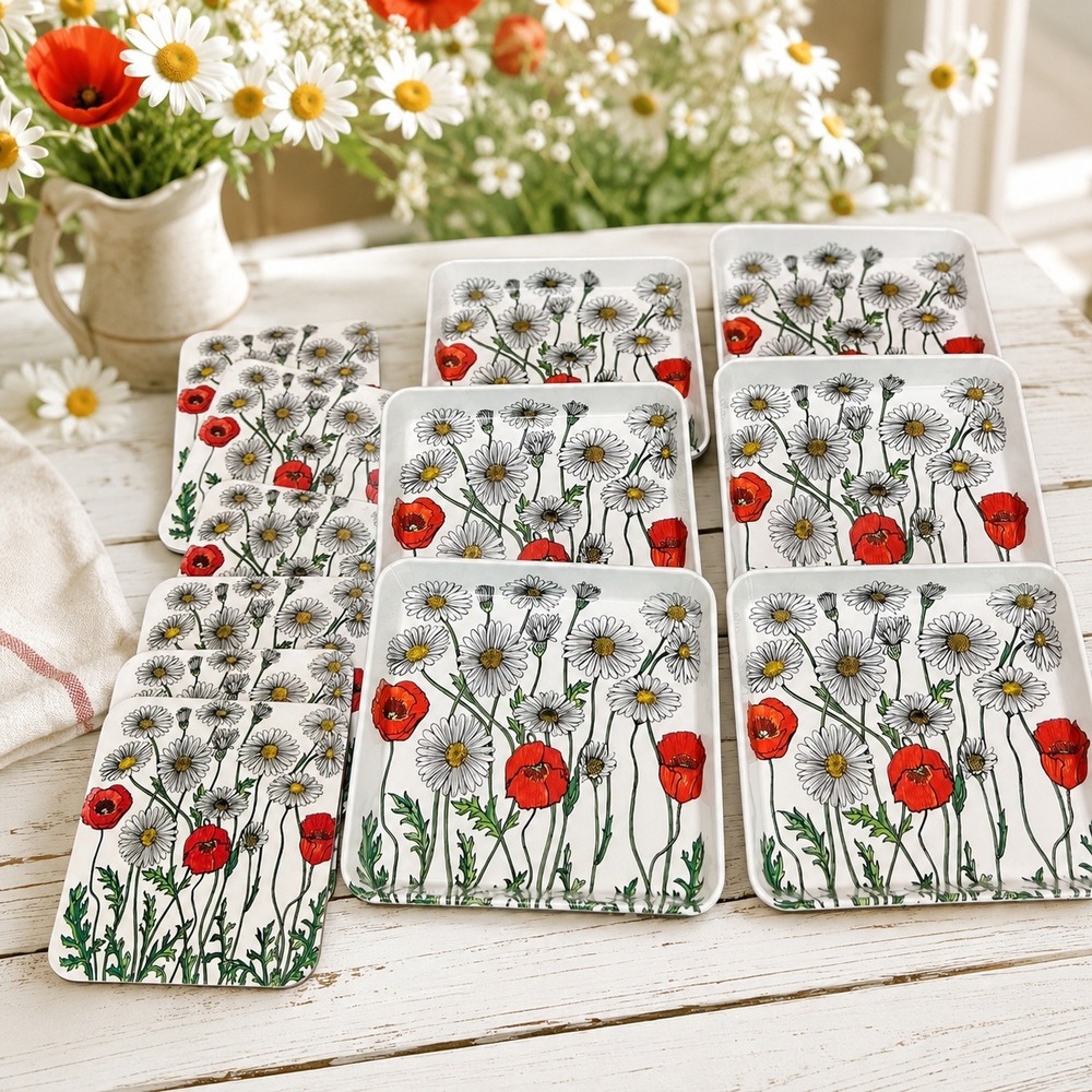 Vintage Mebel Italy Floral Melamine Serving Set 12pc Daisy Poppy Trays Coasters